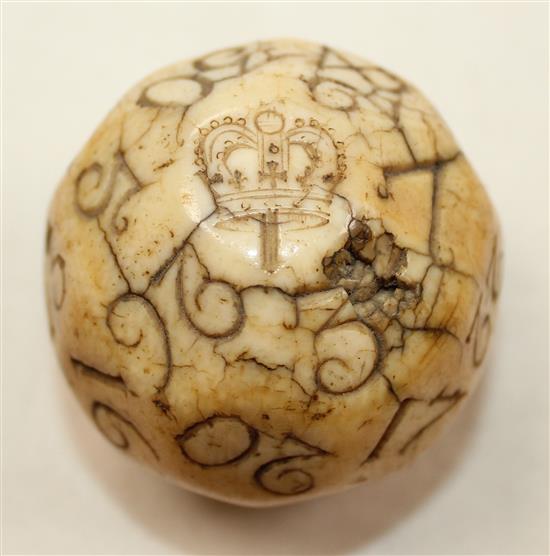 A rare English ivory Teetotum gambling ball, mid 18th century, approx. 1.9in. diameter